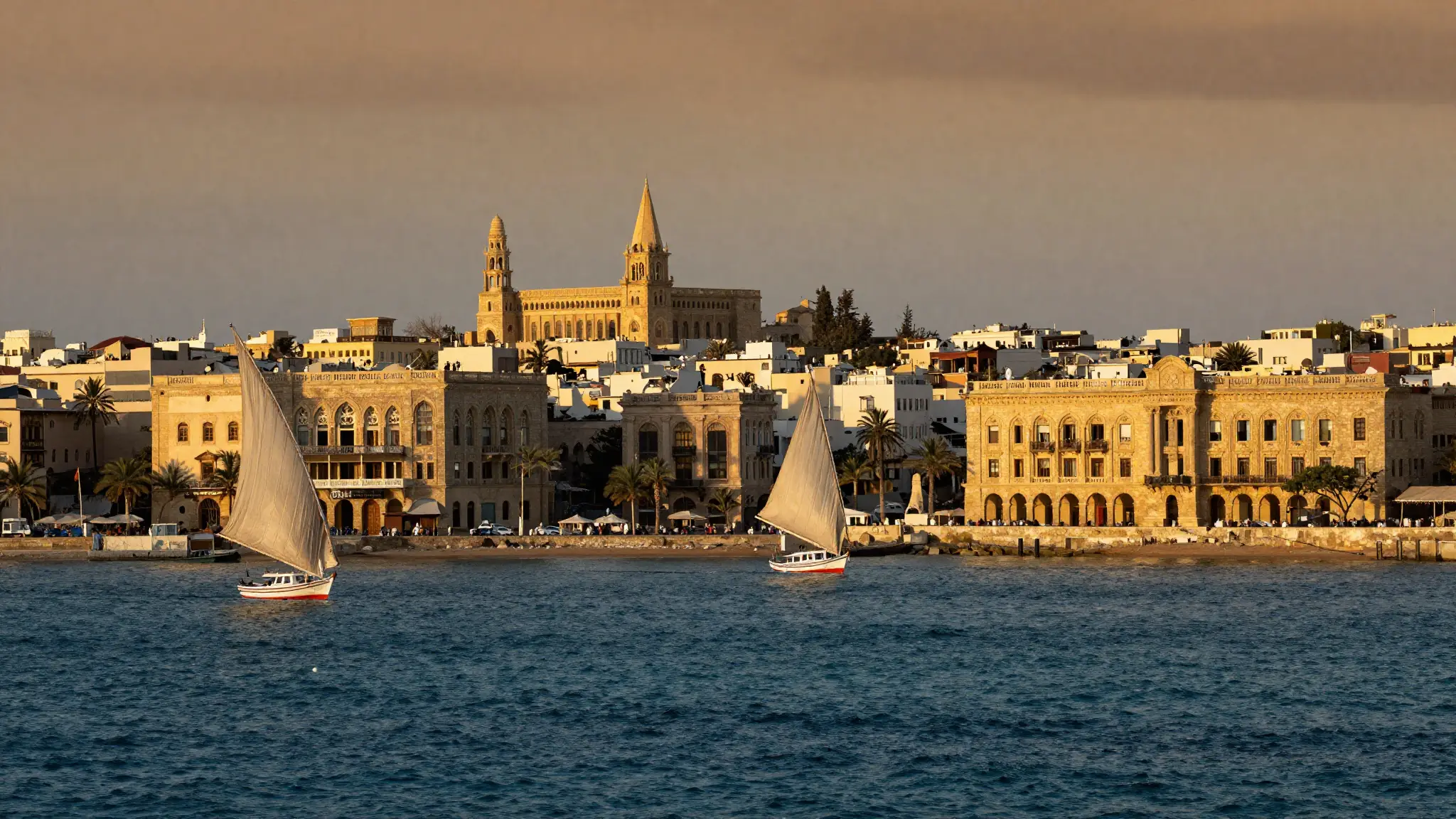 مدينة مصوّع الساحلية في إريتريا على البحر الأحمر بعمارتها المرجانية عند الغروب